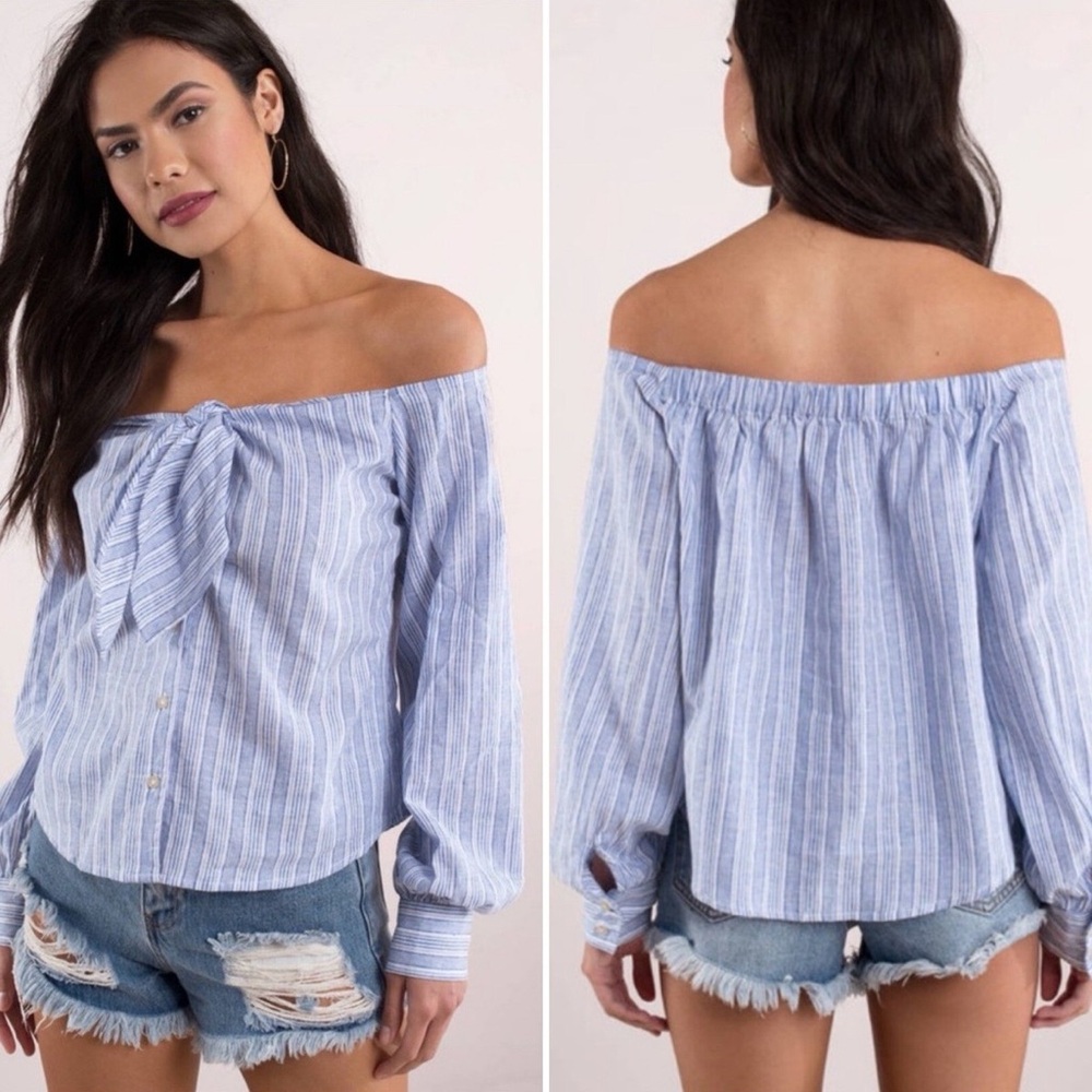Free People Light Blue Stripe Off-Shoulder Tie Front Blouse